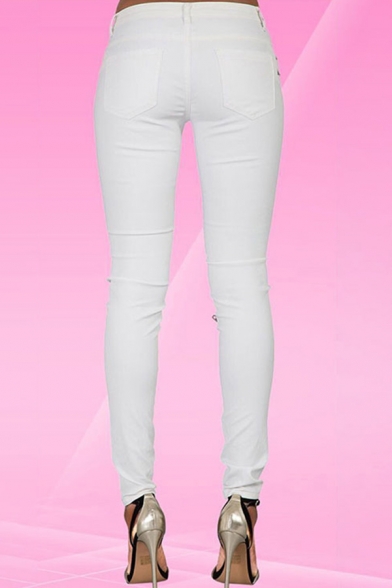 Chic Ladies Pants White Zipper Detail Mid Rise Ankle Length Skinny Pants