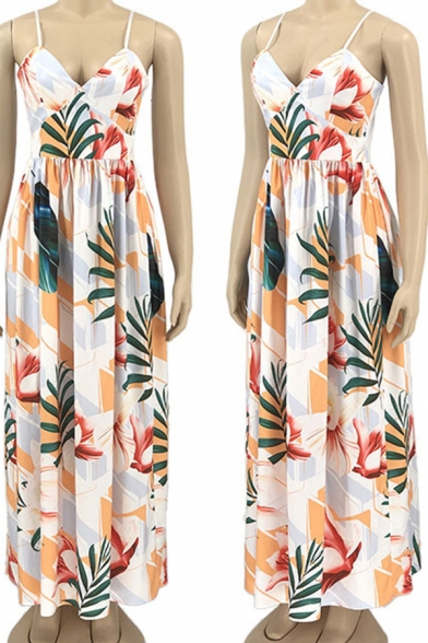 Classic Womens Beach Dress Tropical Plant Pattern Deep V Neck A-Line Slim Maxi Slip Dress