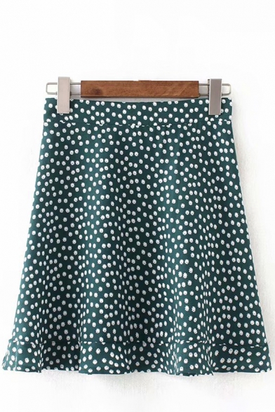 Classic Womens Skirt Ditsy Floral Pattern Invisible Zipper High Rise Ruffle Hem Mini A-Line Skirt