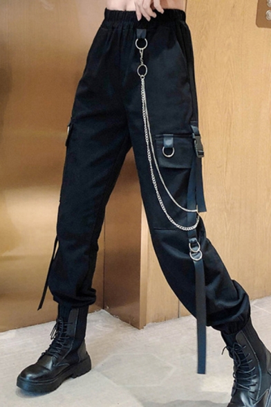 Cool Girls Pants Elastic Waist Flap Pockets Chain Decoration Ankle Relaxed Fit Cargo Pants in Black