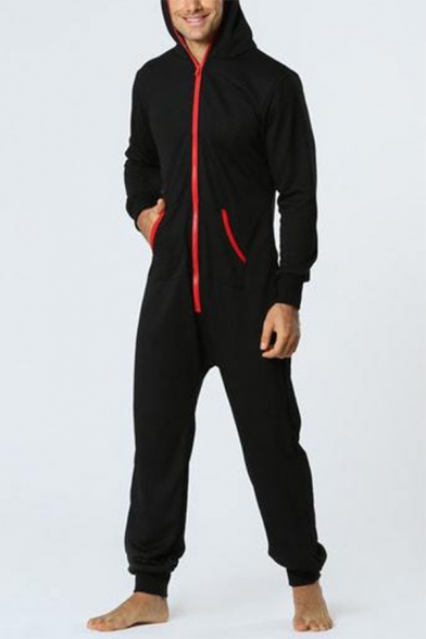 Fashion Simple Star Printed Long Sleeve Hoodie Zip Up Homewear Lounge Black Jumpsuits for Men