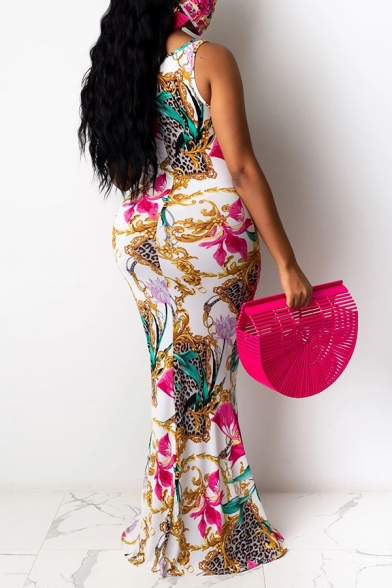 Fashionable Womens Dress Floral Vine Leopard Skin Pattern Sleeveless Scoop Neck Strap Floor Length Bodycon Dress
