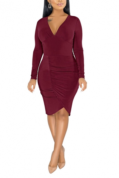 Fashionable Womens Dress Plain Color Tulip-Hem Long Sleeve Deep V Neck Slim Knee-Length Bodycon Dress