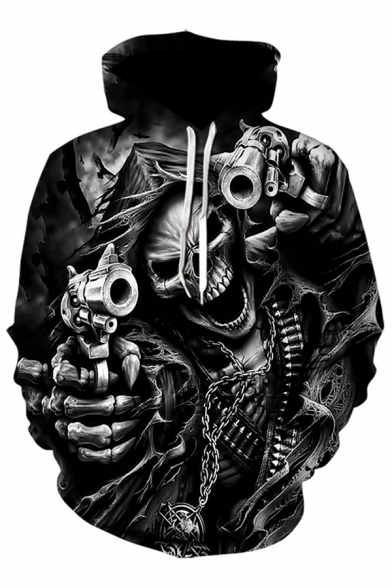 Hot Fashion Cool Gun Skull 3D Printed Long Sleeve Black Loose Drawstring Hoodie