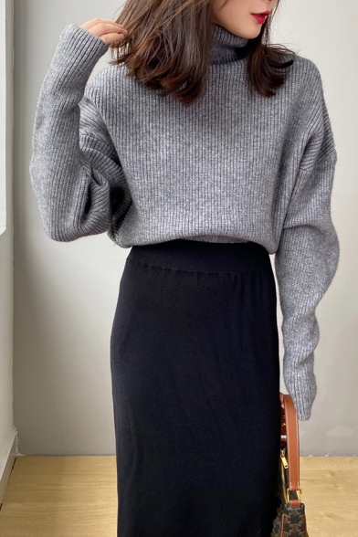 Ladies Stylish Sweater Solid Color Knitted Long Sleeve High Neck Relaxed Fit Pullover Sweater Top