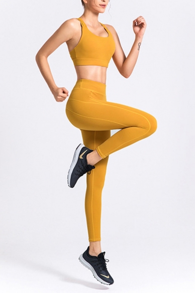 Popular Womens Set Solid Color Scoop Neck Strappy Fit Crop Cami Top & Leggings Set