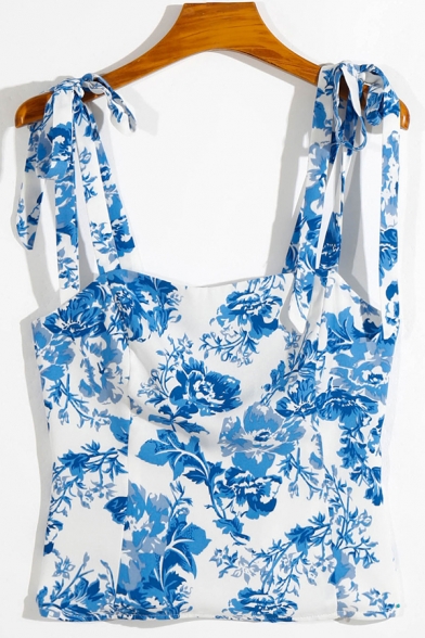 Sexy Tank All Over Flower Print Tied Shoulder Fit Cropped Tank Top in Blue