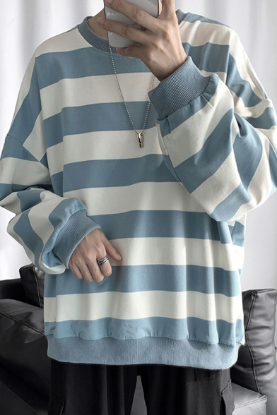 Trendy Mens Sweatshirt Stripe Print Thick Drop Shoulder Loose Fit Crew Neck Long Sleeve Sweatshirt