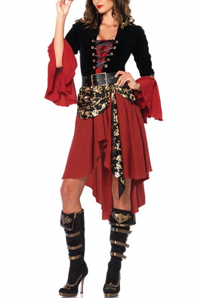 Unique Womens Co-ord Caribbean Pirate Costume High-Low Hem Slim Long Sleeve Maxi A-Line Dress Set
