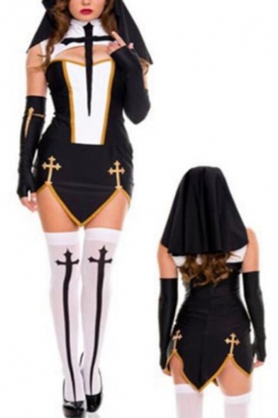 Womens Co-ord Stylish Virgin Mary Costume Halloween Slim Fit Mini Nun Dress Set
