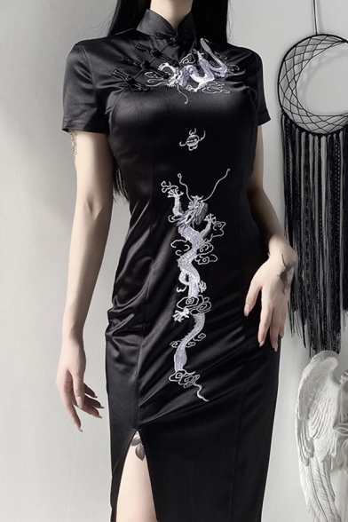Chic Womens Dress Dragon Print Short Sleeve Mandarin Collar Frog Button Slit Mid Sheath Dress in Black