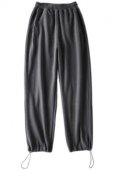 Chic Womens Pants Plain Color Bungee-Cord Cuffs Drawstring Waist Loose Full Length Jogger Pants