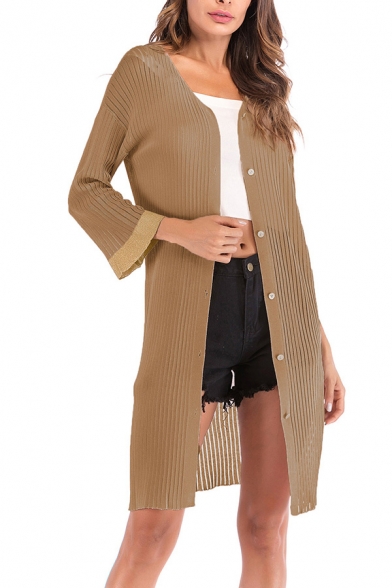 Elegant Ladies Cardigan Contrasted Long Sleeve Button Up Tunic Loose Fit Knit Cardigan