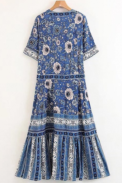 Ethnic Womens Dress Short Sleeve V-neck Floral Pattern Ruffled Mid A-line Dress in Blue