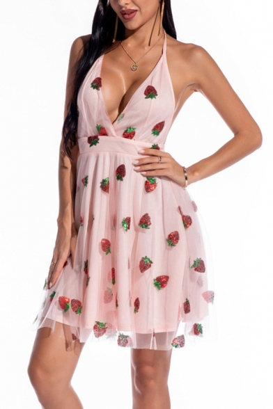 Gorgeous Womens Dress Strawberry Sequins Halter Deep V-neck Short Pleated A-line Dress in Pink