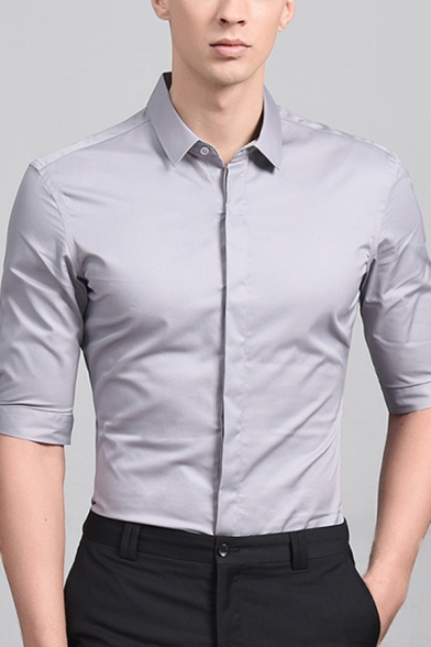 Mens Business Shirt Stylish Plain Color Button up Button-down Collar Slim Fit Half Sleeve Shirt