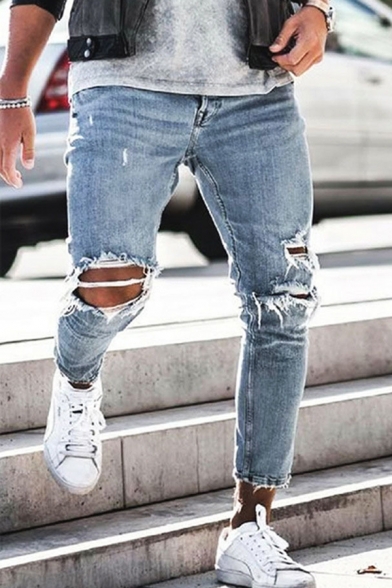 Mens Stylish Jeans Distressed Mid Waist Ankle Length Fitted Jeans in Blue