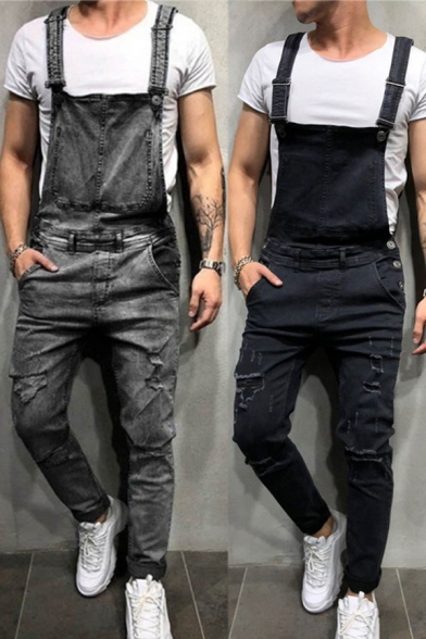 Simple Guys Jeans Solid Color Bleach Ripped Ankle Length Fitted Suspender Jeans