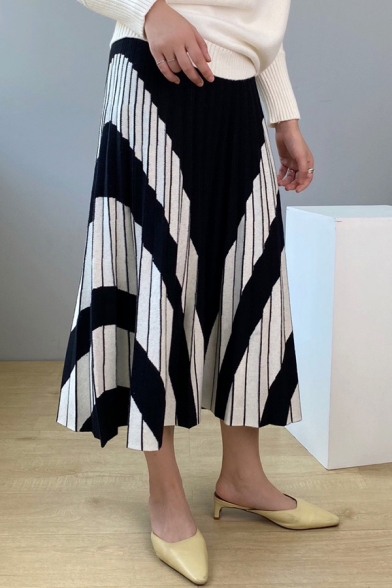 Trendy Skirt Stripe Print High Rise Mid Pleated A-line Skirt for Girls