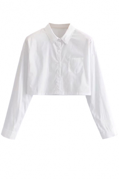 Trendy Womens Shirt Plain Color Button up Cropped Regular Fit Point Collar Long Sleeve Shirt