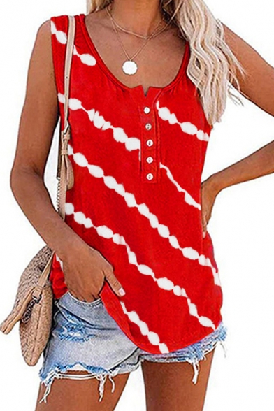 Classic Womens Tank Top Diagonal Stripe Pattern Button Detail Relaxed Fit Sleeveless Scoop Neck Tank Top