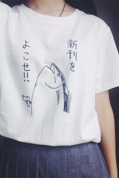Cute Fish Japanese Character Printed Round Neck Short Sleeves Casual Summer Tee