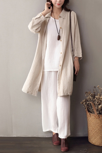 Fancy Girls Shirt Plain Long Sleeve Spread Collar Button Up Longline Relaxed Shirt in Apricot