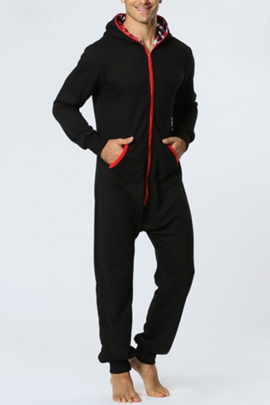 Fashion Simple Star Printed Long Sleeve Hoodie Zip Up Homewear Lounge Black Jumpsuits for Men