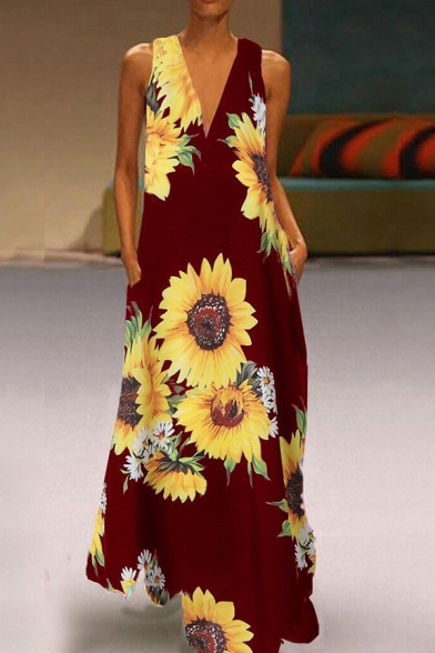 Fashion Womens Dress Sunflower Print Deep V-neck Sleeveless Maxi A-line Tank Dress