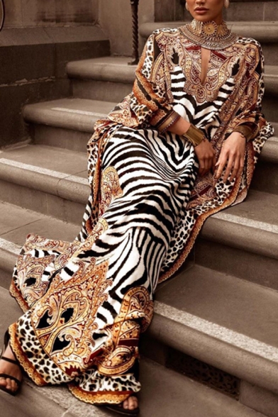 Fashionable Womens Dress Zebra Leopard Skin Print Deep V Neck Long Sleeve Maxi Loose Fit Robe Dress