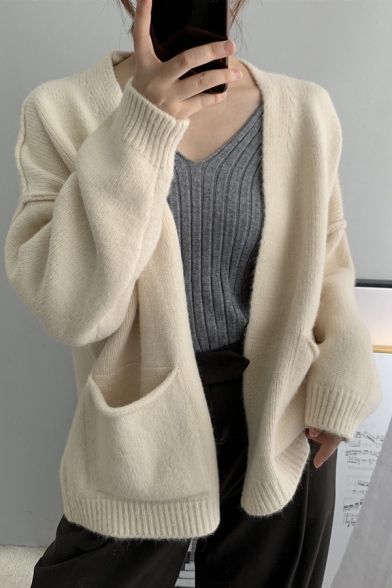 Girls Stylish Cardigan Solid Color Long Sleeve Knitted Relaxed Fit Cardigan