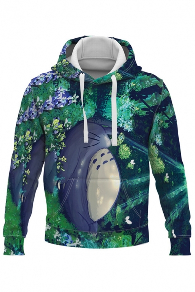 Hot Fashion Comic Totoro 3D Print Loose Fit Drawstring Hoodie in Green