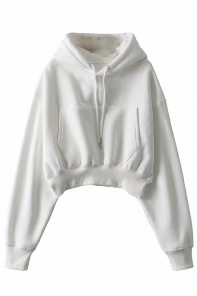 Trendy Womens Hoodie Plain Color Waist-Control Kanga Pocket Drawstring Cropped Long Sleeve Oversize Hoodie