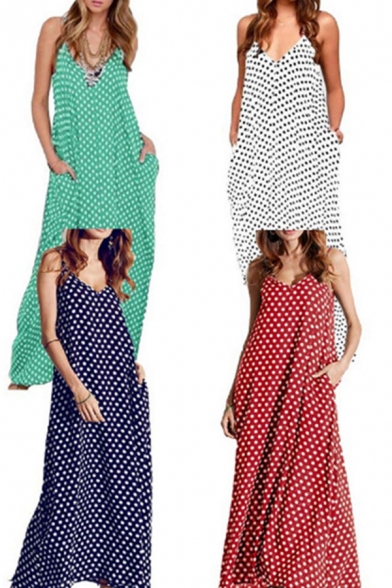 Womens Holiday Dress Polka Dot Pattern Deep V-neck Maxi Swing Cami Dress