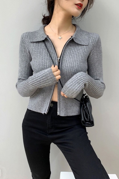 Chic Womens Cardigan Knit Long Sleeve Spread Collar Zipper Front Slim Fitted Cardigan