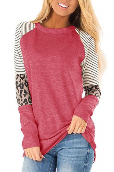 Fashion Womens T Shirt Stripe Leopard Print Long Sleeve Crew Neck Relaxed Tee Top