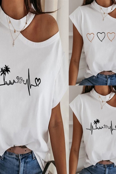 Fashionable Womens T-Shirt Heart Pattern Loose Fit Short Sleeve Halter Tee Top