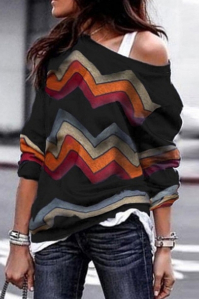 Fashionable Womens T-Shirt Zigzag Pattern Long Sleeve Boat Neck Loose Fit Tee Shirt
