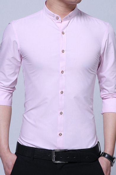 Leisure Guys Shirt Plain Long Sleeve Collarless Button Up Fitted Shirt Top