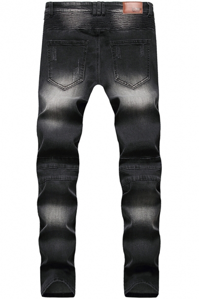 Mens Popular Streetwear Pleated Detail Zip Placket Black Ripped Jeans Pencil Pants