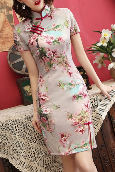 Pretty Womens Dress Floral Print Short Sleeve Mandarin Collar Frog Button Mini Sheath Dress