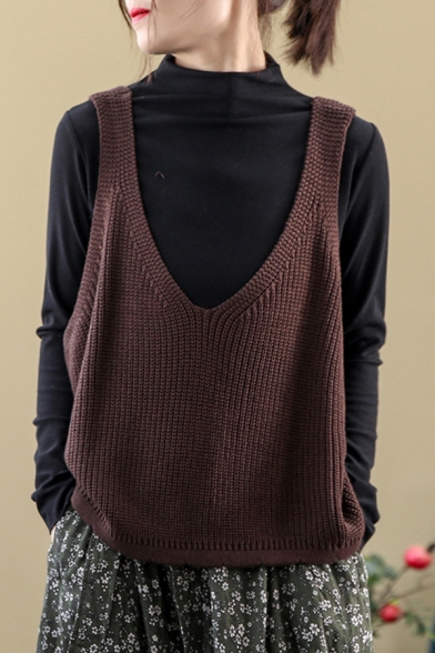 Simple Womens Vest Knitted Solid Color Deep V-neck Relaxed Fit Vest