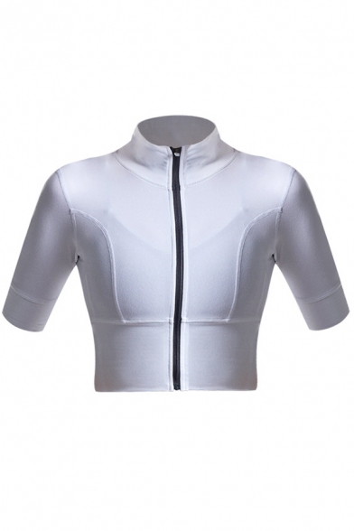 Sports Womens Jacket Plain Zipper up Cropped Mock Neck Half Sleeve Skinny Fit Yoga Jacket