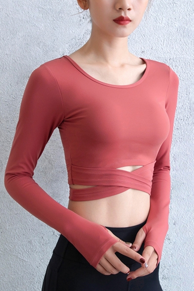 Sports Womens T-Shirt Plain Color Cross-Hem Chest Pad Long Sleeve Round Neck Cropped Skinny Fit Yoga Tee Shirt