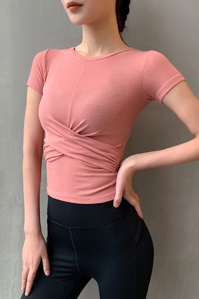Sports Womens T-Shirt Plain Cross Front Skinny Fit Quick Dry Short Sleeve Crew Neck Yoga Tee Top