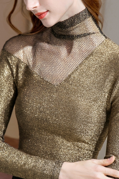 Stylish Ladies T-shirt Glitter Fishnet Panel Long Sleeve Mock Neck Slim Fit Tee Top