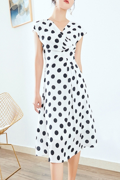Womens Stylish Dress White Polka Dot Print Cap Sleeve Surplice Neck Mid A-line Dress