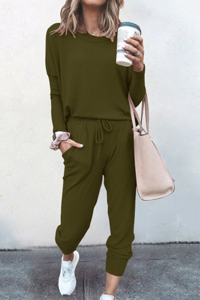 Basic Co-ord Womens Solid Color Long Sleeve Round Neck T-Shirt Loose Fitted Drawstring Waist Tapered Pants Set