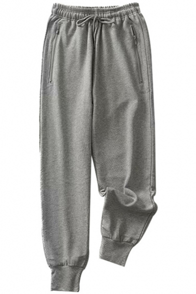 Basic Jogger Pants Womens Plain Color Zip-Pocket Drawstring Waist Cuffed Long Harem Pants