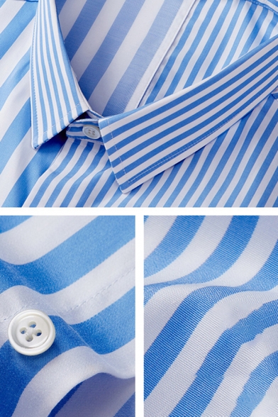 Basic Shirt Mens Stripe Print Button down Slim Fit Long Sleeve Point Collar Shirt
